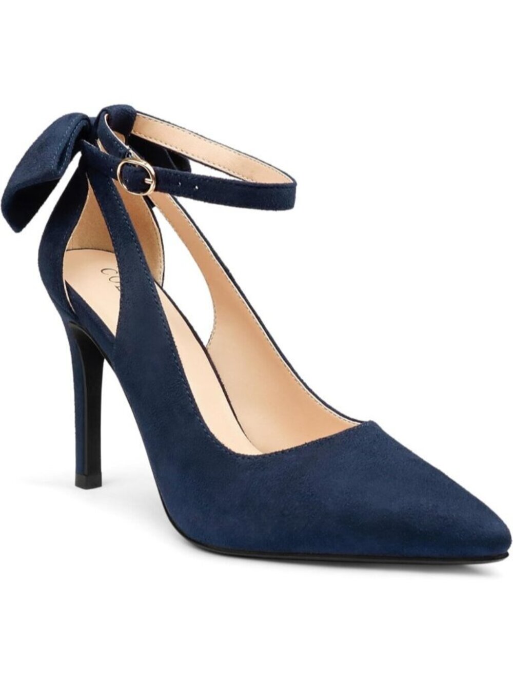 Women's Navy Faux Leather Adjustable Pumps Pointed Toe Ankle Strap Wedding Heel - Picture 7 of 7